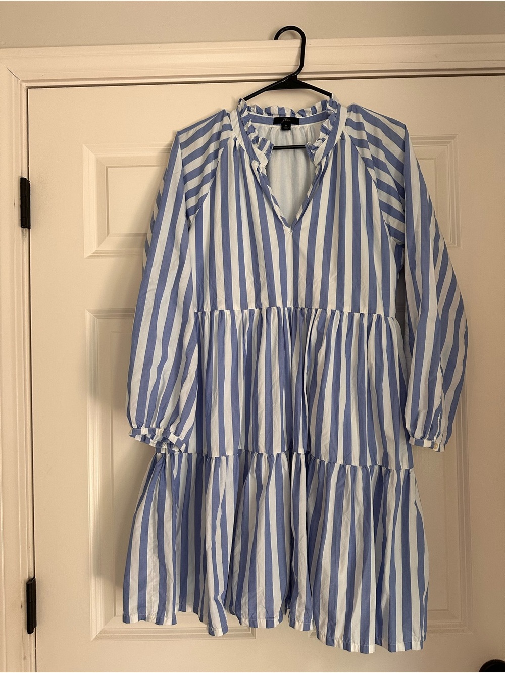 J. Crew Blue and White Striped Ruffle-Neck Dress